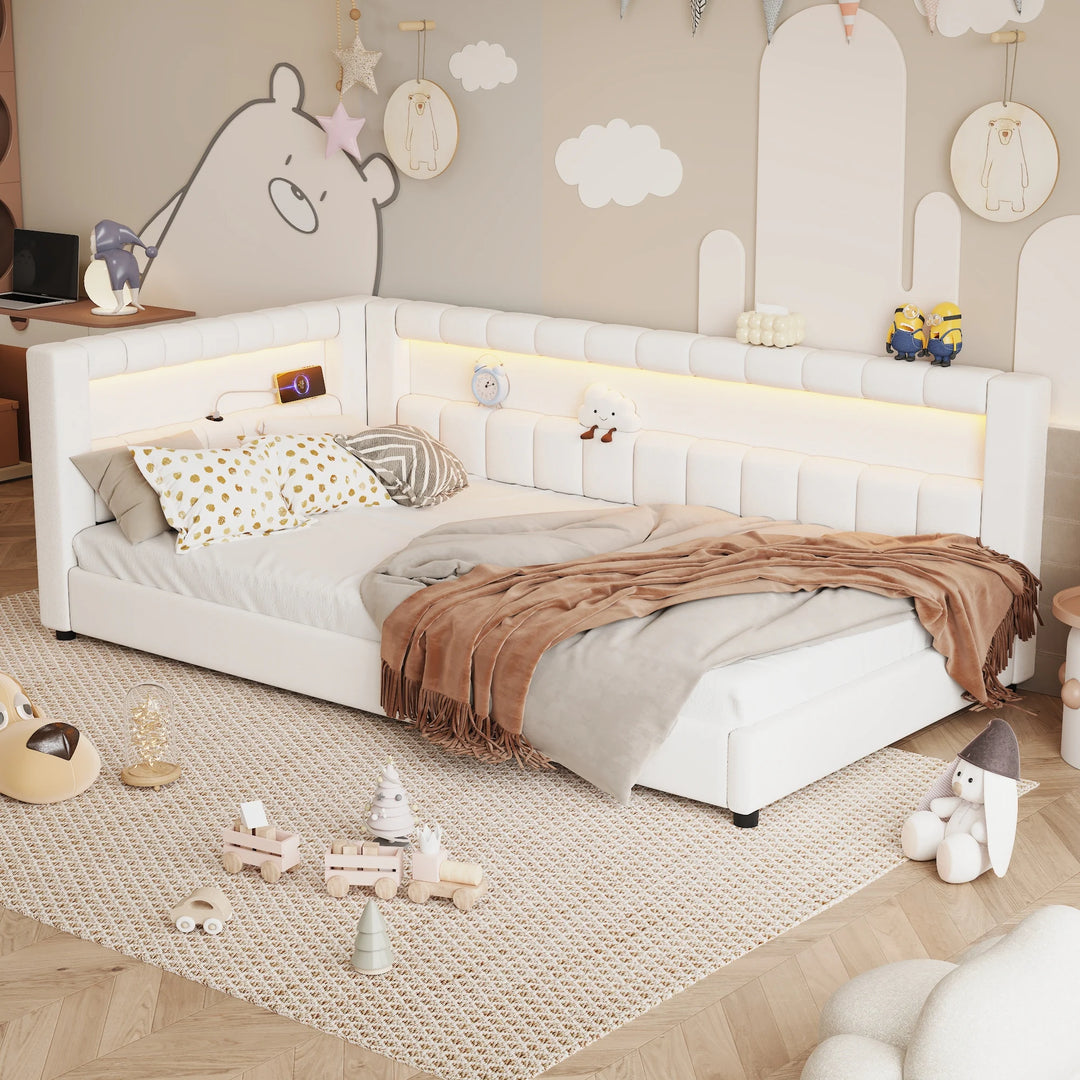 Upholstered Low-Profile Daybed Platform Bed Built-In USB Ports and LED Light Belt, Grounded Design with Padded Backrest