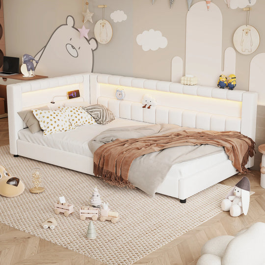 Upholstered Low-Profile Daybed Platform Bed Built-In USB Ports and LED Light Belt, Grounded Design with Padded Backrest