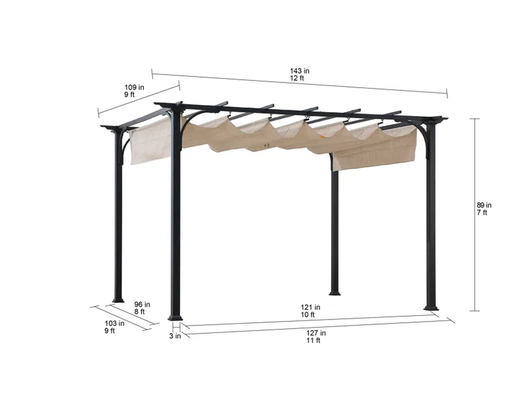 Naples Outdoor Pergola 9 X 12 Ft. Patio Black Steel Frame Pergola with Retractable Beige Canopy Shade for Backyard