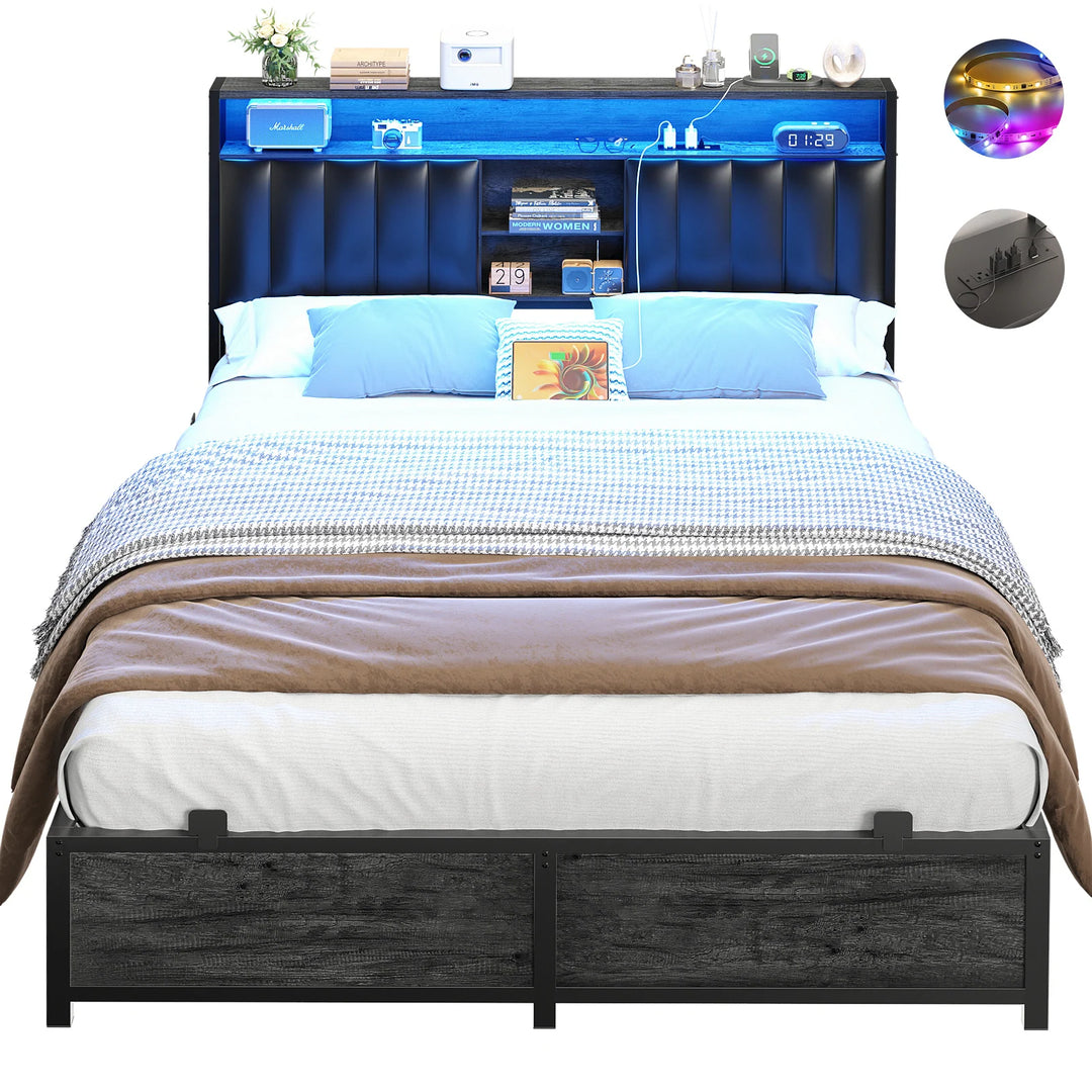 Upholstered Bed Frame with Storage Shelving, Platform Beds with Charge Station and LED Lights