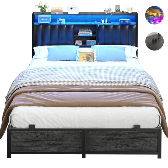 Upholstered Bed Frame with Storage Shelving, Platform Beds with Charge Station and LED Lights