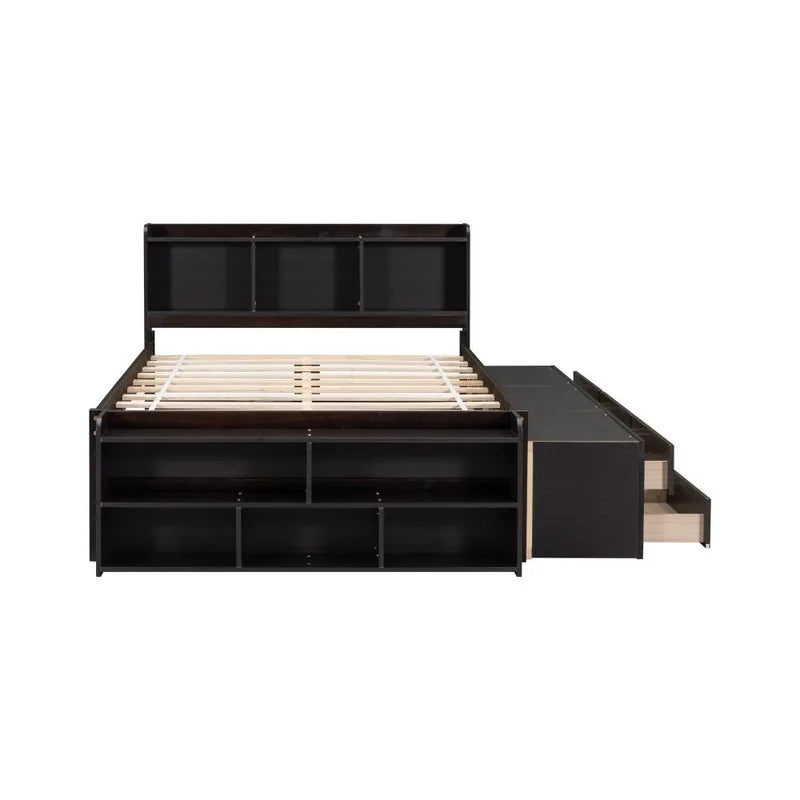 Storage Platform Bed with Bookcase Headboard,Drawers and Bed End Storage Case,Full Size