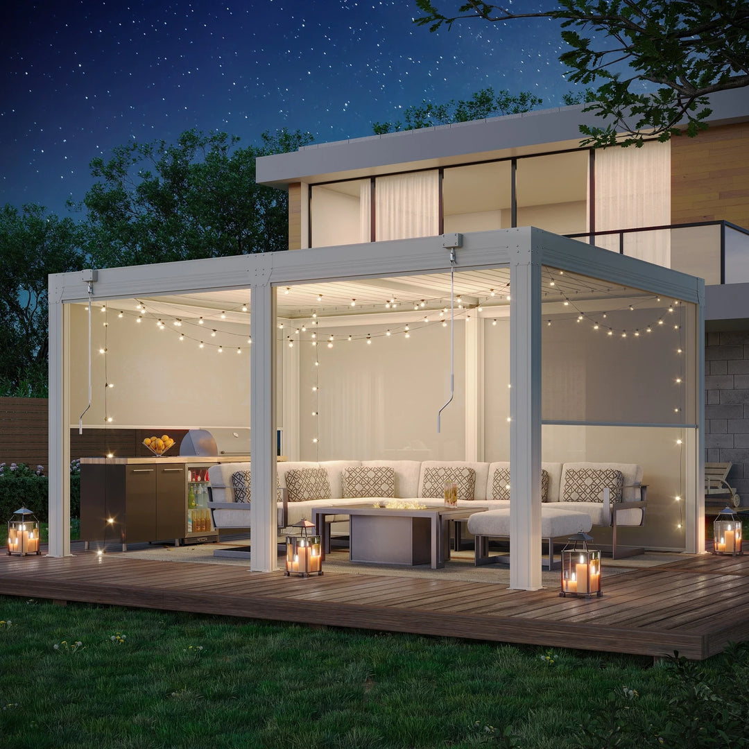Outdoor Louvered Pergola Gazebo with Adjustable Aluminum Rainproof Roof and Pull-Down Screen