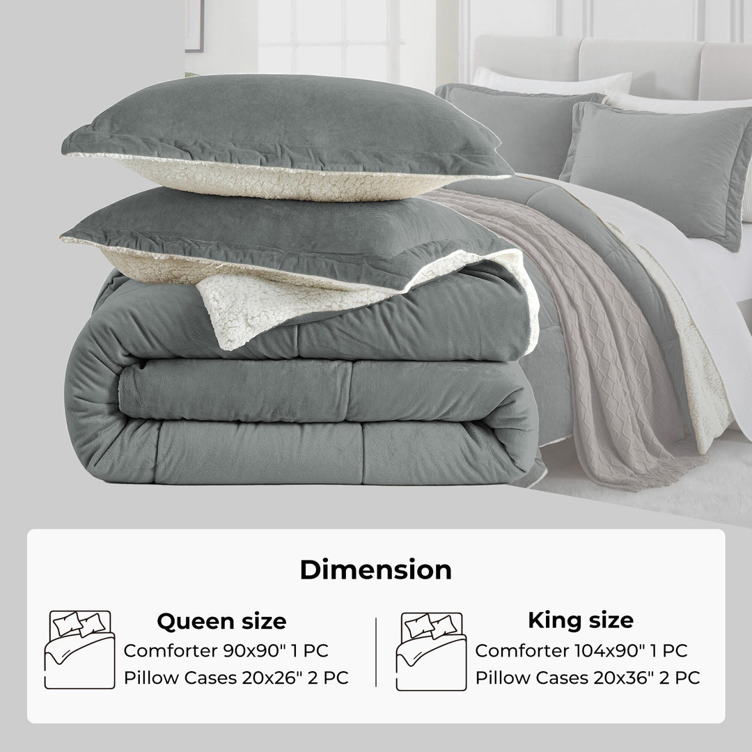 3 Piece Winter Reversible Comforter Set Faux Shearling Ultra Soft Minky Plush and Fuzzy Fleece Microfiber