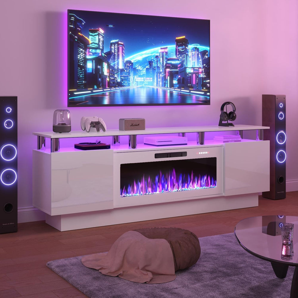 70" Modern Electric Fireplace TV Stand, with Electronic Flame and LED Lights, High Gloss Finish Entertainment Center