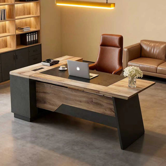 78.74 Inches L-Shape Executive Desk, Industrial Wood Desk with Cabinet Drawer Storage Shelves