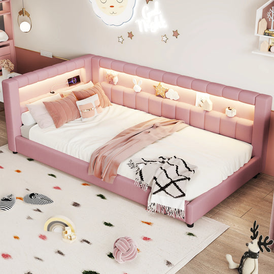 Upholstered Low-Profile Daybed Platform Bed Built-In USB Ports and LED Light Belt, Grounded Design with Padded Backrest