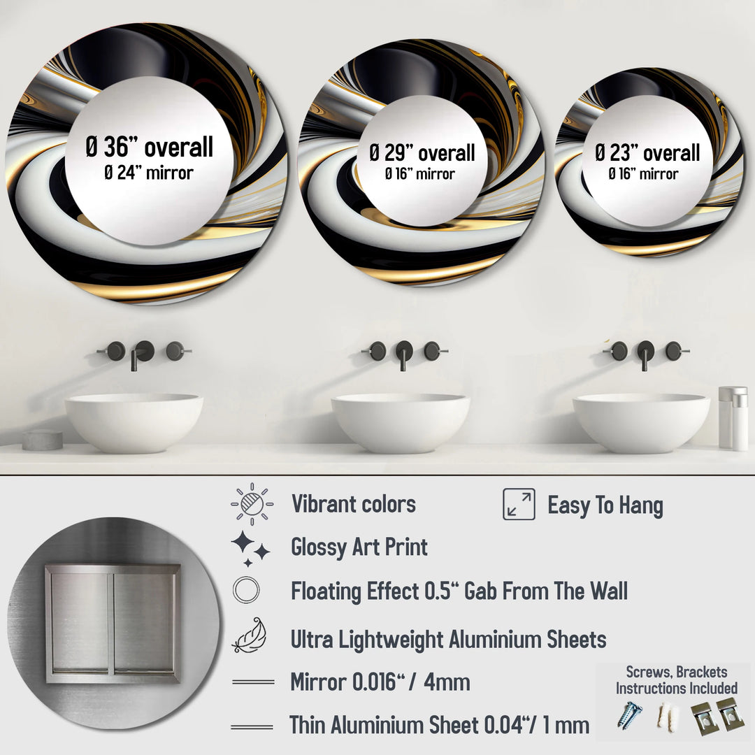 Designart "Gold Black and White Stained Glass I" Abstract Wall Mounted round Large Mirror - Modern Mirror Wall Décor