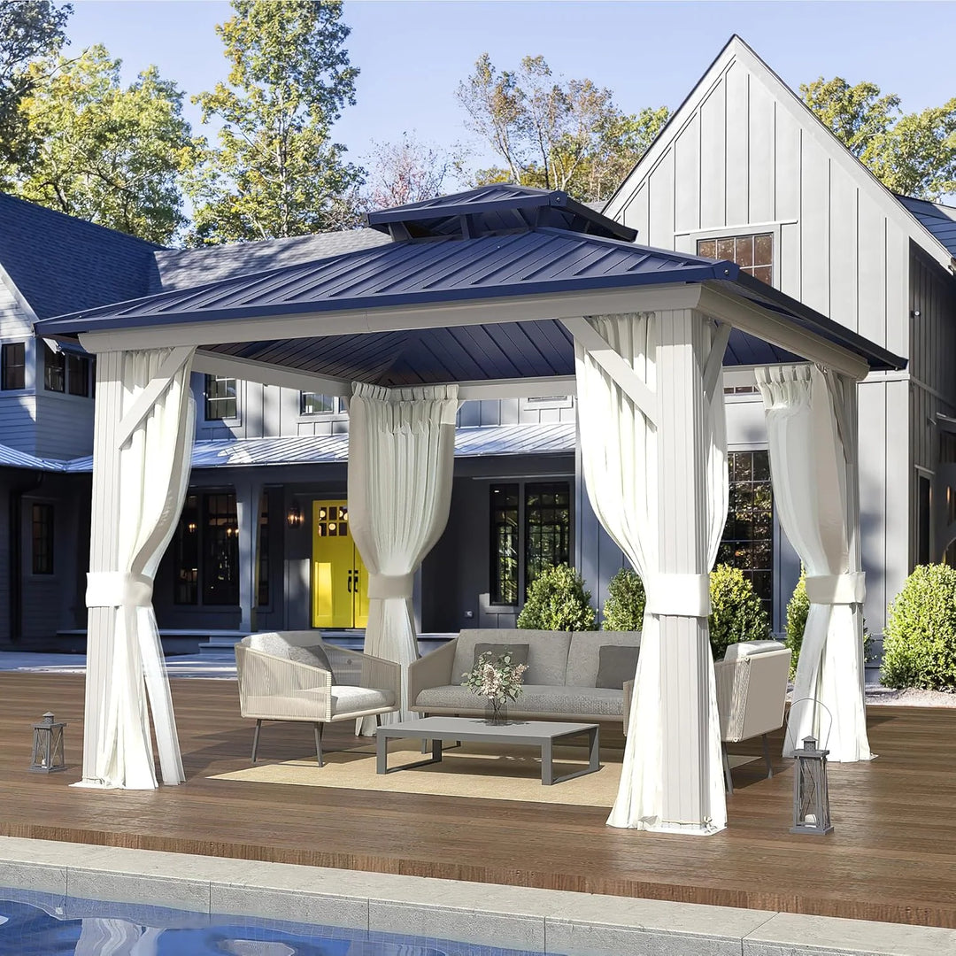 Outdoor Hardtop Gazebo W Galvanized Steel Double Roof & Aluminum Frame, 10'X12' Pergola with Premium Curtains and Nettings