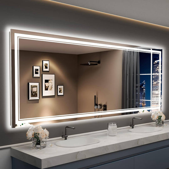 Full Size Front & Back LED Lighted Anti-Fog Tempered Glass Wall Bathroom Vanity Mirror, 3-Year Warranty & ETL Certification