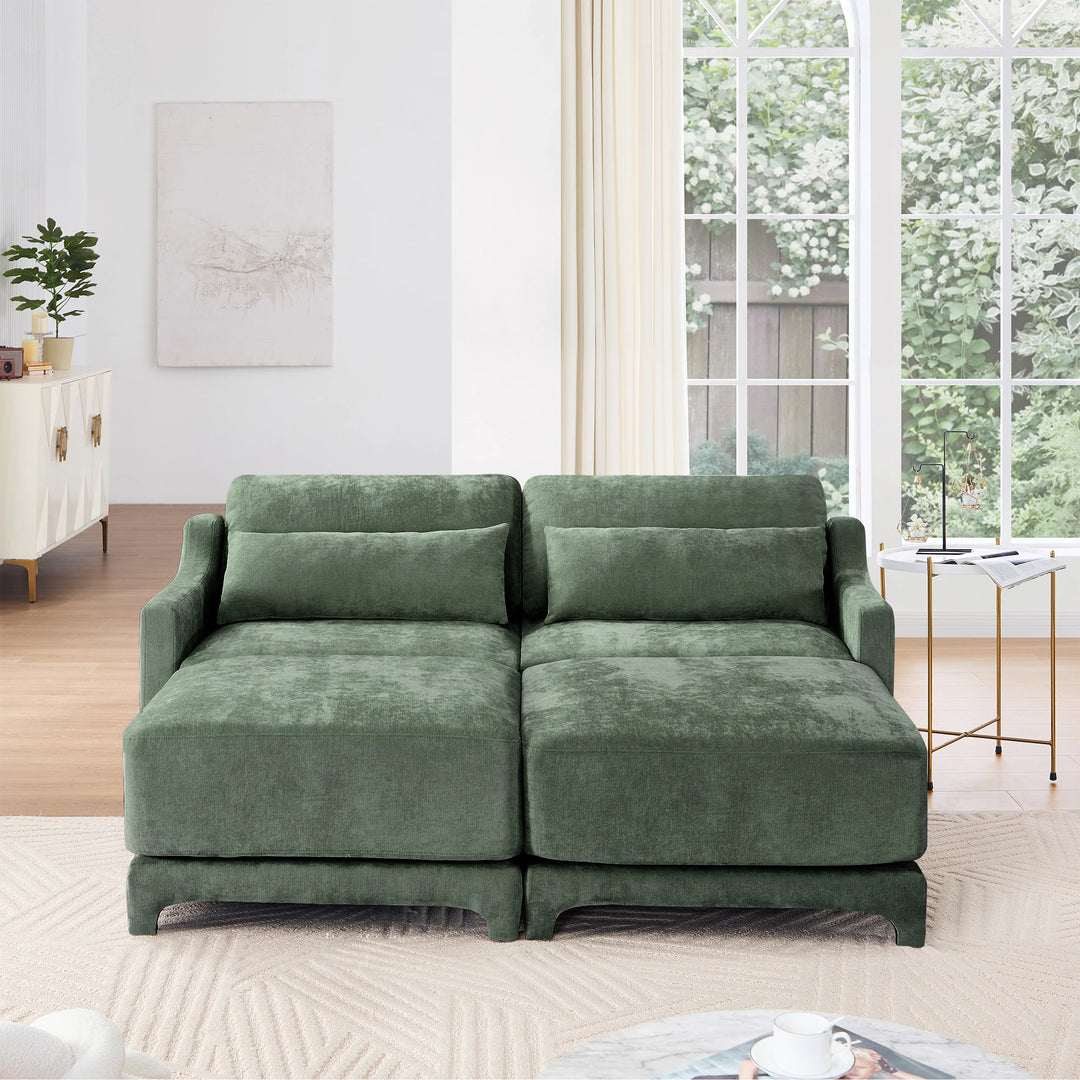 Modern Chenille 4-Seater Sofa with 2 Ottoman, Lumbar Cushions, Ergonomic Backrest, High-Resilience Spongeand Tufted Armrests