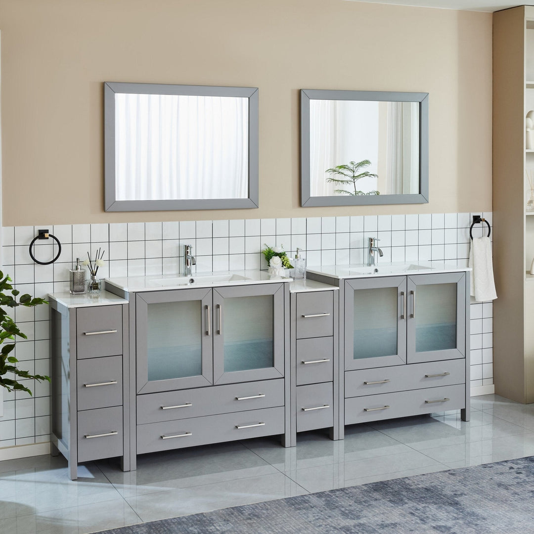 96" Double Sink Bathroom Vanity Set 10 Dove-Tailed Drawers, 3 Cabinets, 2 Shelves Soft-Closing Doors with Free Mirror