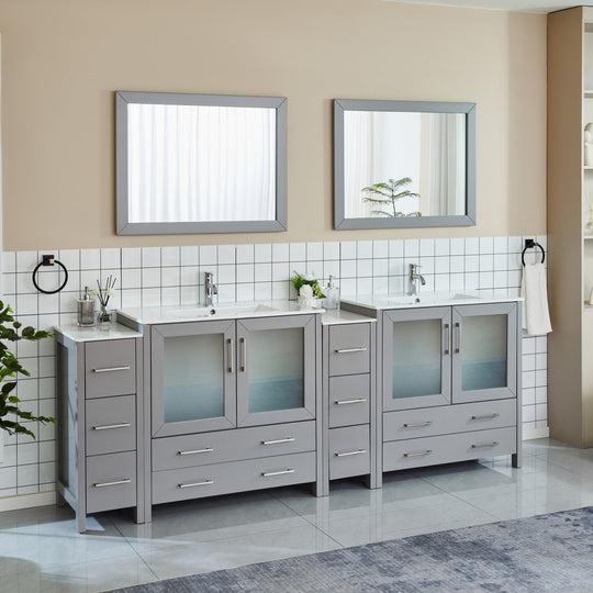 96" Double Sink Bathroom Vanity Set 10 Dove-Tailed Drawers, 3 Cabinets, 2 Shelves Soft-Closing Doors with Free Mirror