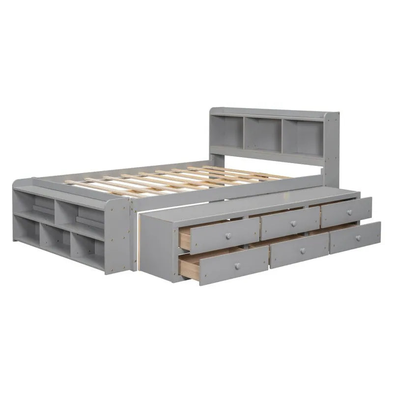 Storage Platform Bed with Bookcase Headboard,Drawers and Bed End Storage Case,Full Size