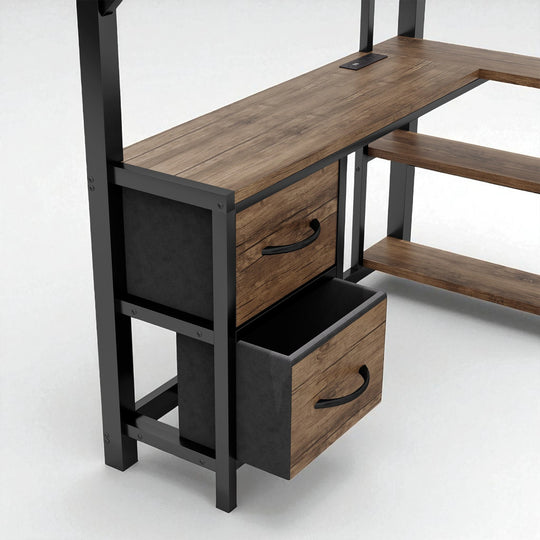 Full/Queen Size Metal Loft Bed with Desk, LED Lights, USB Ports, Shelves, Drawers, and Wardrobe, Black