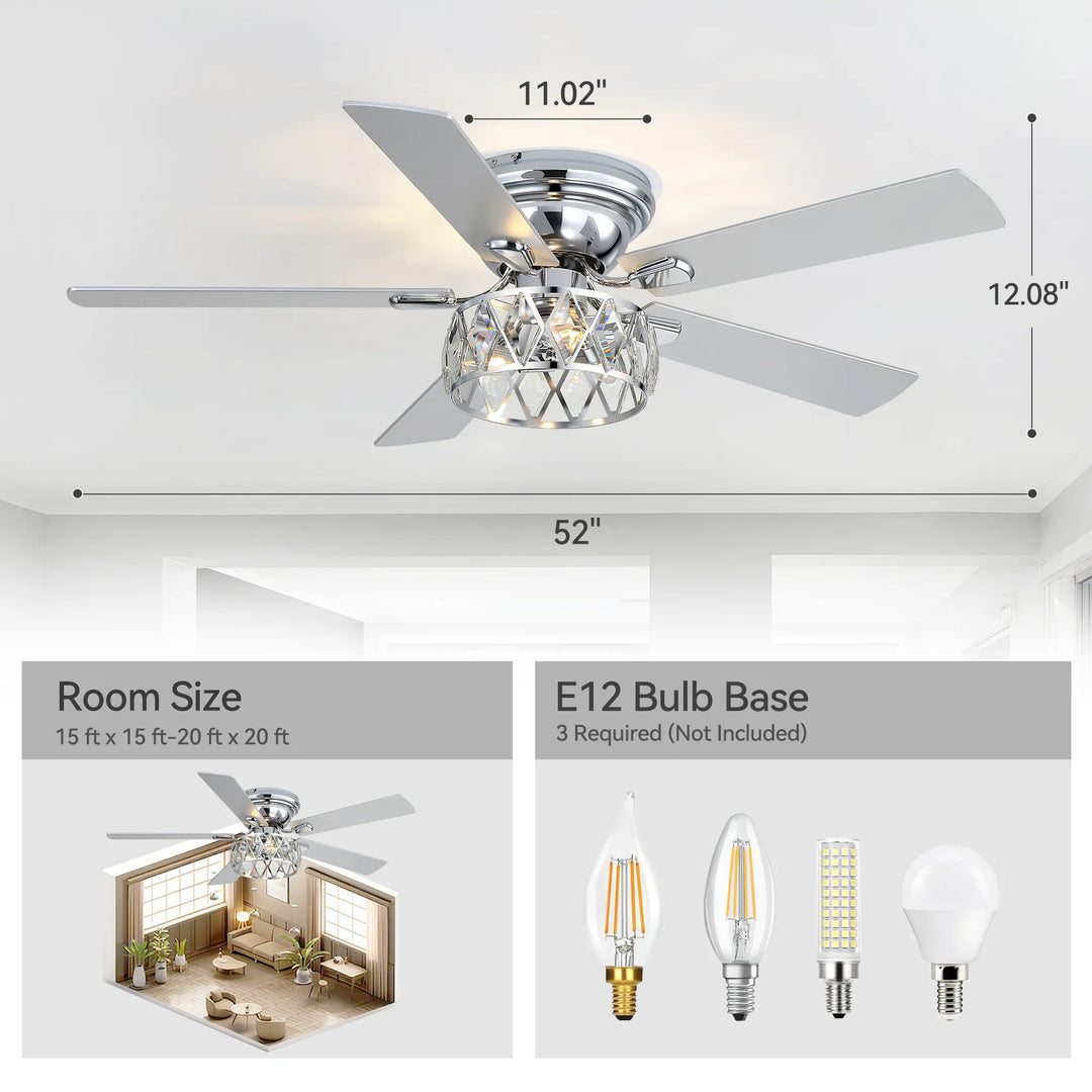 52" Flush Mount 5-Blade Modern Crystal Indoor Ceiling Fan with Light Kit and Remote