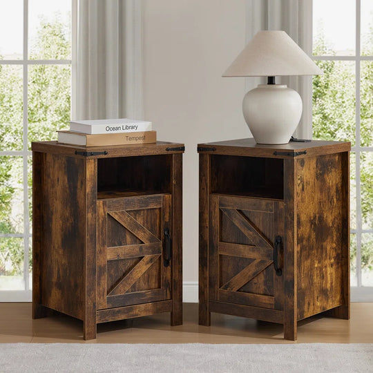 Farmhouse Night Stands with Charging Station, Set of 2, Bedside Table with Barn Door, End Table with Open Storage for Bedroom