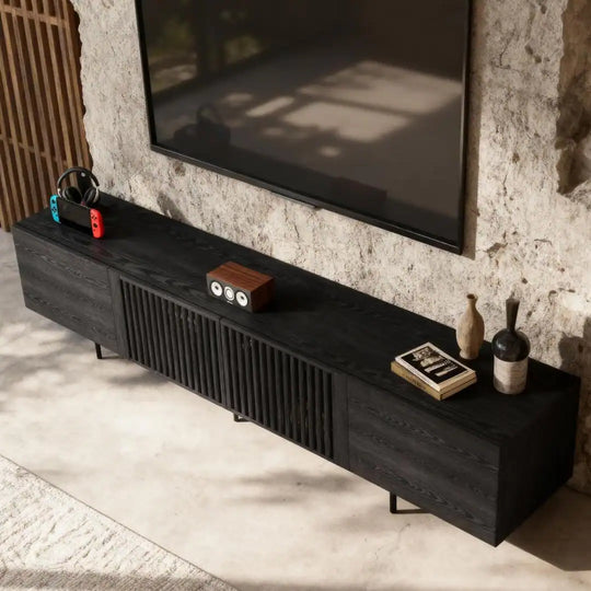 94.48 Inch Extra Long Black TV Stand with Slatted Doors, Modern Entertainment Center for Tvs up to 100 Inches,