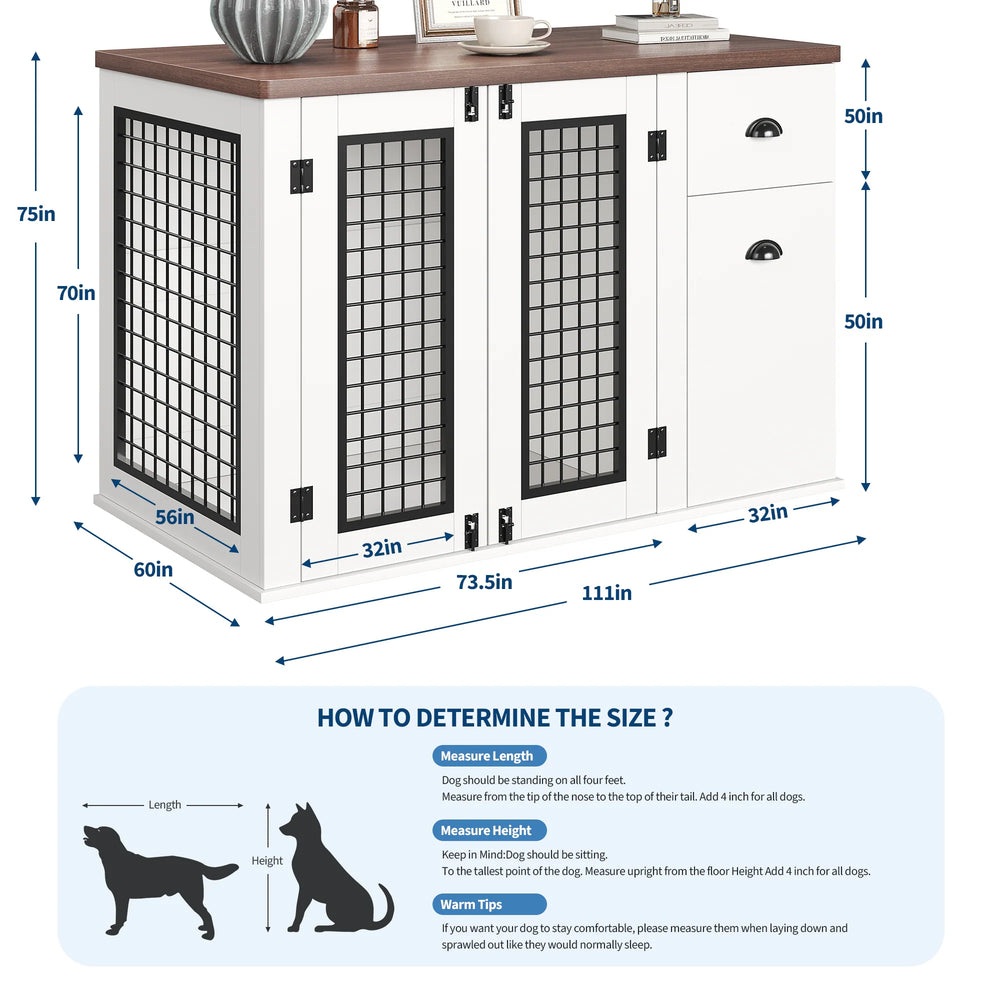 Dog Crate Furniture, with Drawer & Side Cabinet, Pet Kennel for Small to Medium Pet, White