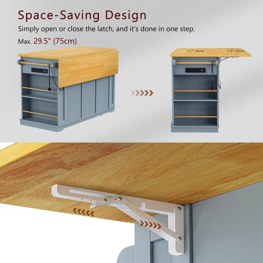 Large Kitchen Island with Drop Leaf,Power Outlet,Door Internal Storage Rack,3 Drawers(Not Include Bar Stools)