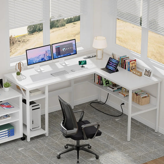 Reversible L Shaped Desk with Storage Shelves, Home Office Corner Desk with Charge Station