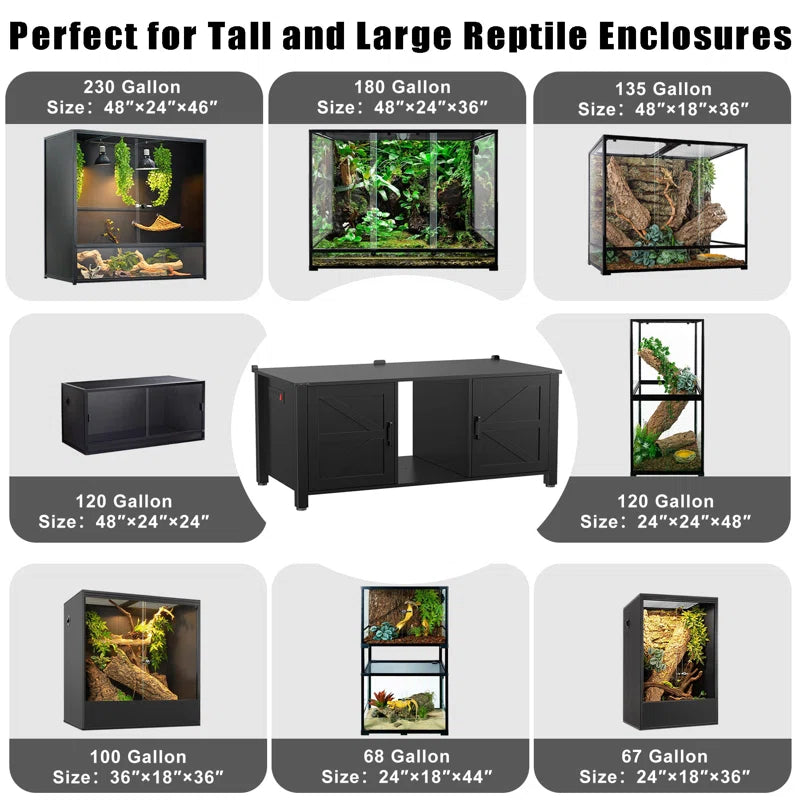 48"X24" Reptile Tank Stand for 120–230 Gallon Terrariums – Fits Tall Enclosures or Stacked 4X2X2 PVC Tanks–Furniture-Style Cabinet with Storage – Holds up to 500 Lbs