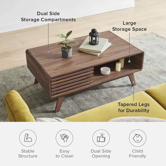 Mopio Ensley Mid-Century Modern Coffee Table with Dual Side Storage, Centerpiece for Your Living Room
