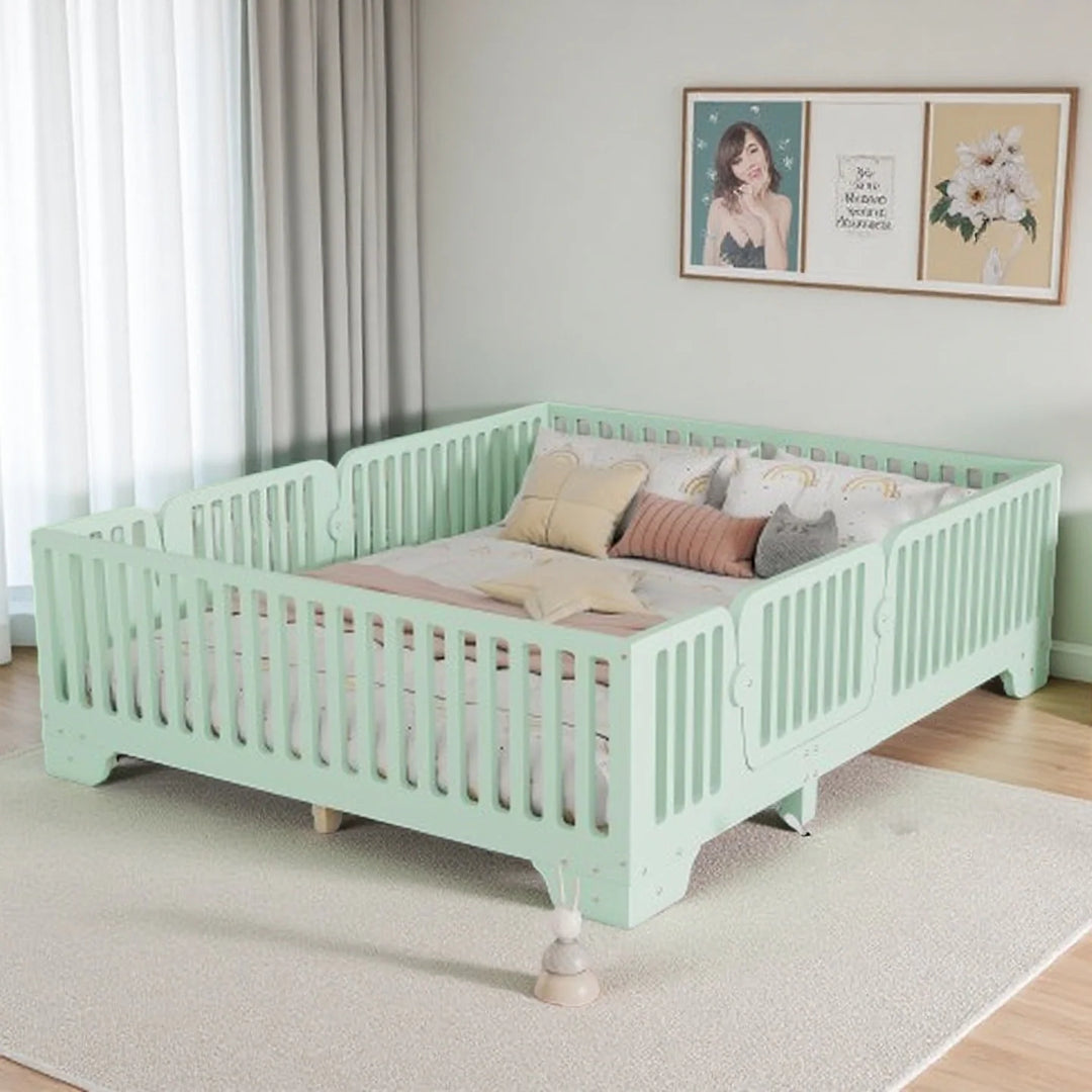 Full Size Montessori Floor Bed Frame with Safety Rails and Removable Door, Low Profile Kids Bed with Slatted Support