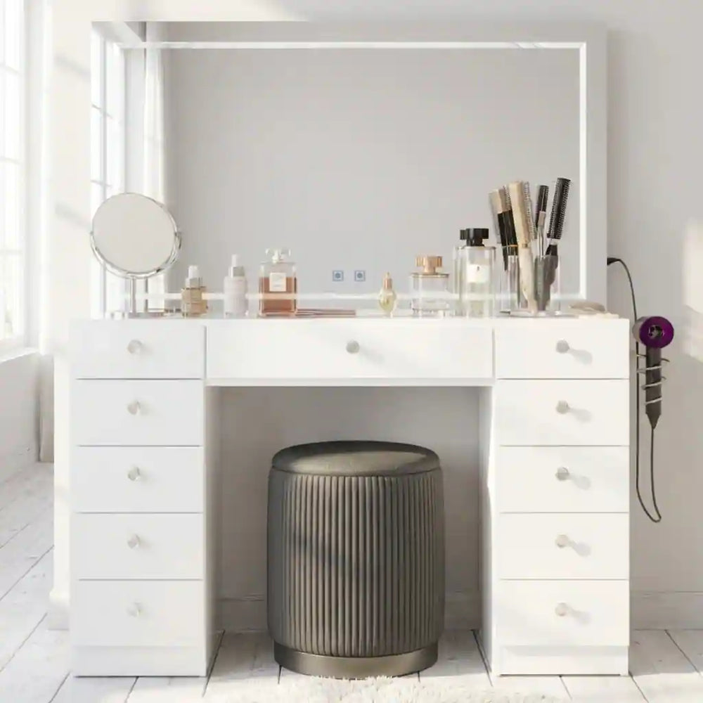 Makeup Vanity Desk W/ Free Black Storage Stool, Full-Width, Dimmable LED Mirror, Bluetooth, 11 Drawers