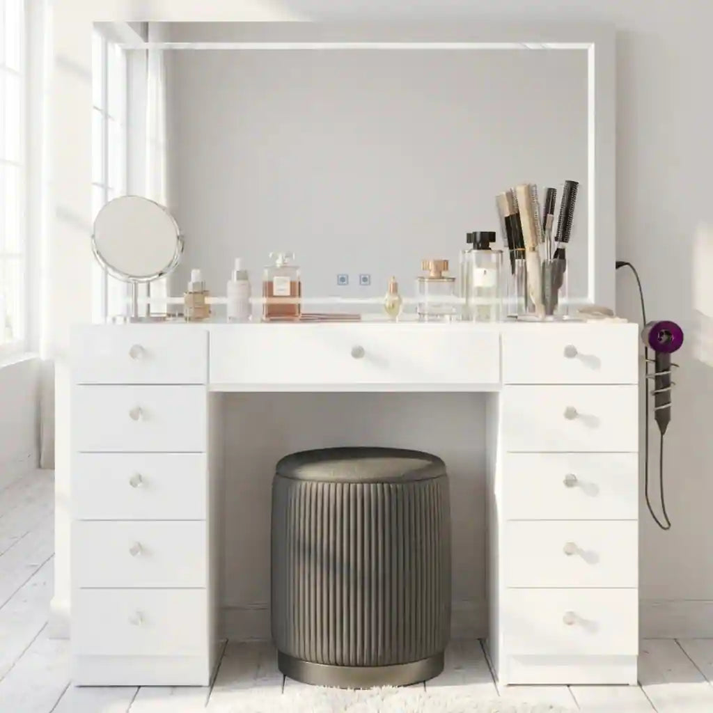 Makeup Vanity Desk W/ Free Black Storage Stool, Full-Width, Dimmable LED Mirror, Bluetooth, 11 Drawers