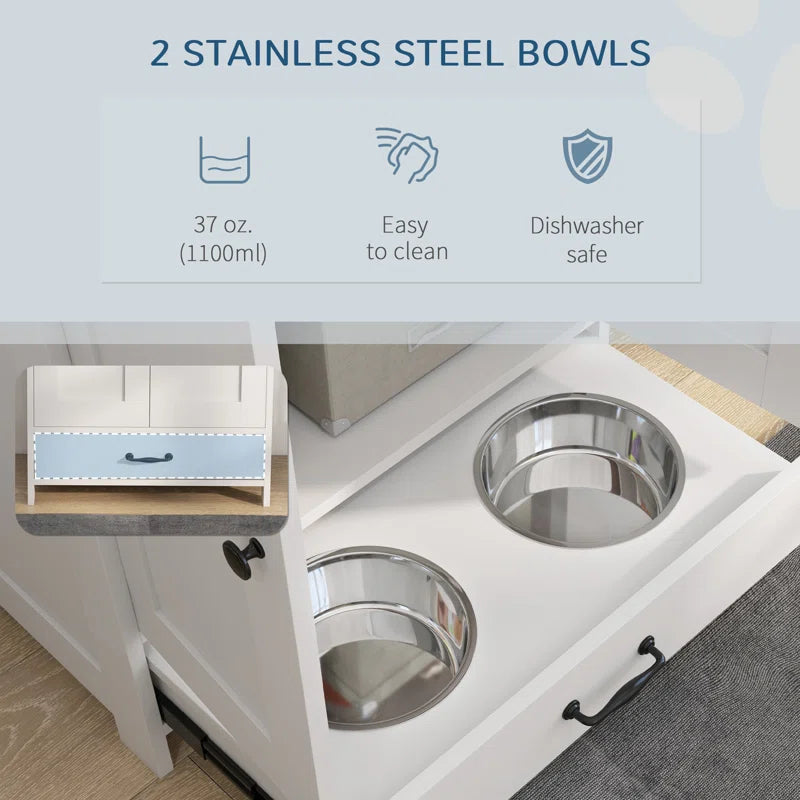 Dog Feeding Station, Dog Food Storage Cabinet with Hidden Dog Bowls, Adjustable Panel, Hooks for Medium Sized Dogs
