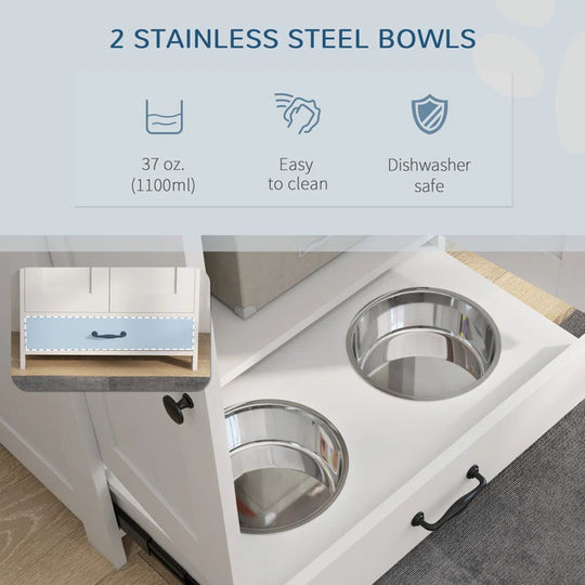 Dog Feeding Station, Dog Food Storage Cabinet with Hidden Dog Bowls, Adjustable Panel, Hooks for Medium Sized Dogs