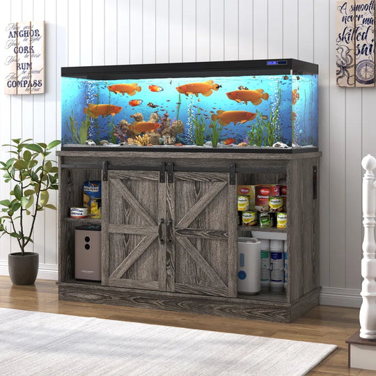 Farmhouse Aquarium Stand for 55-75 Gallon Fish Tanks, Reptile Tank Stand with Power Outlet & Sliding Barn Door, Heavy Duty Fish Tank Stand with Cabinet Storage for Turtle Tanks/Reptile Terrariums