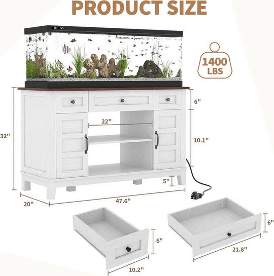 Farmhouse Aquarium Stand for 35-55 Gallon Tanks, Heavy Duty 1400 Lb Capacity with Power Outlet & Storage