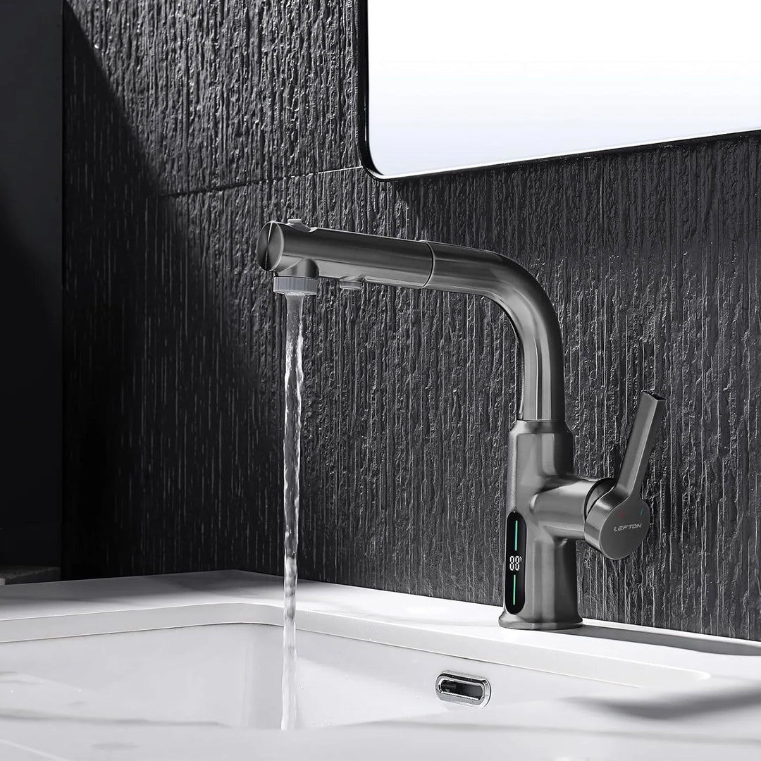 Single Hole Liftable Bathroom Faucet with Temperature Display in Fahrenheit, 3 Water Modes, BF2501