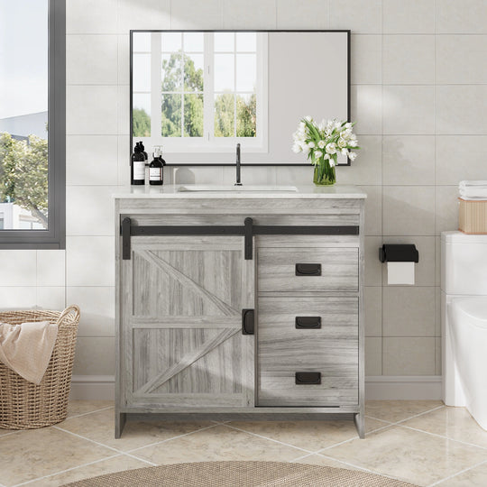 Farmhouse Bathroom Vanity with Ceramic Top and Sliding Barn Door Sink Cabinet, Rustic Single Sink Vanity