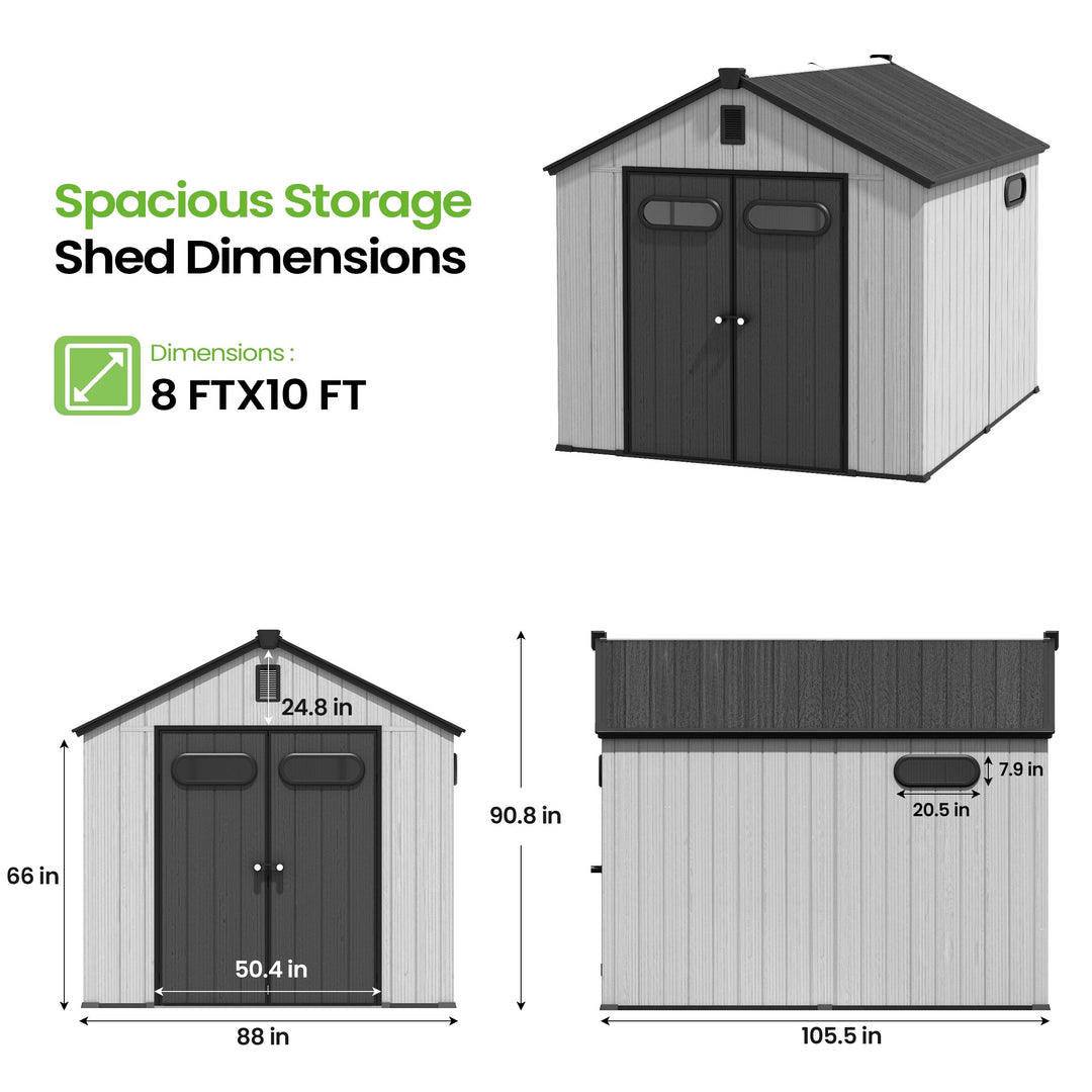 8X8/8X10/8X12 FT All-Weather Outdoor Resin Lockable Storage Shed with Windows Floor for Patio Furniture and Tools