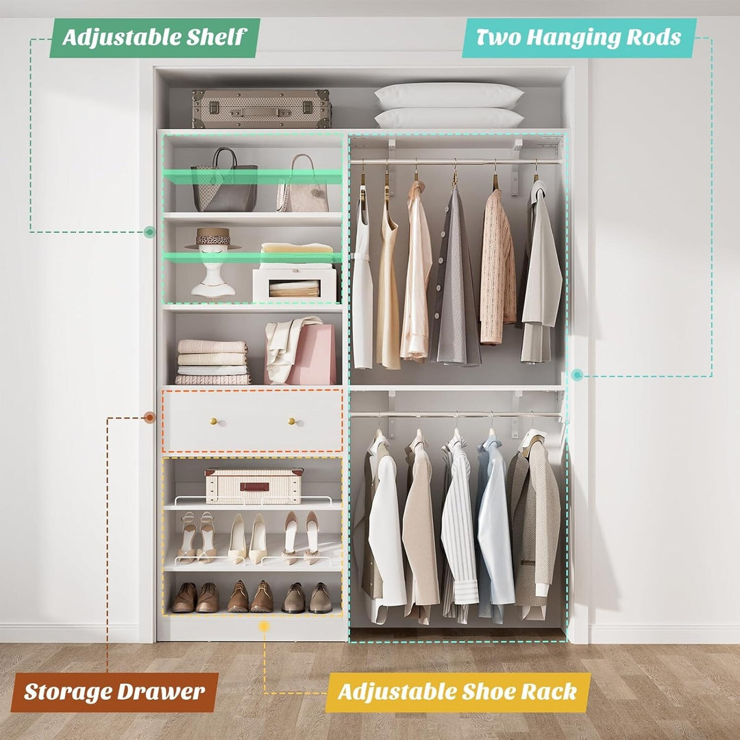 5FT Closet System with 2 Hanging Rods and Wooden Drawer, Walk-In Closet Organizer with 2 Wing Shelve and Adjustable Rack Shelves
