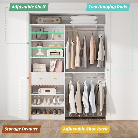 5FT Closet System with 2 Hanging Rods and Wooden Drawer, Walk-In Closet Organizer with 2 Wing Shelve and Adjustable Rack Shelves