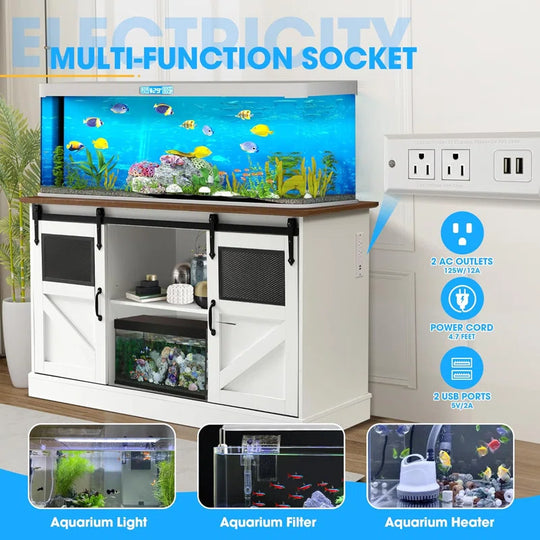 55-75 Gallon Fish Tank Stand with Power Outlet, Heavy Duty Large Aquarium Stand with Sliding Barn Door and Cabinet Storage for 2 Fish Tank Turtle Tank Reptile Terrarium, 1000Lbs Capacity