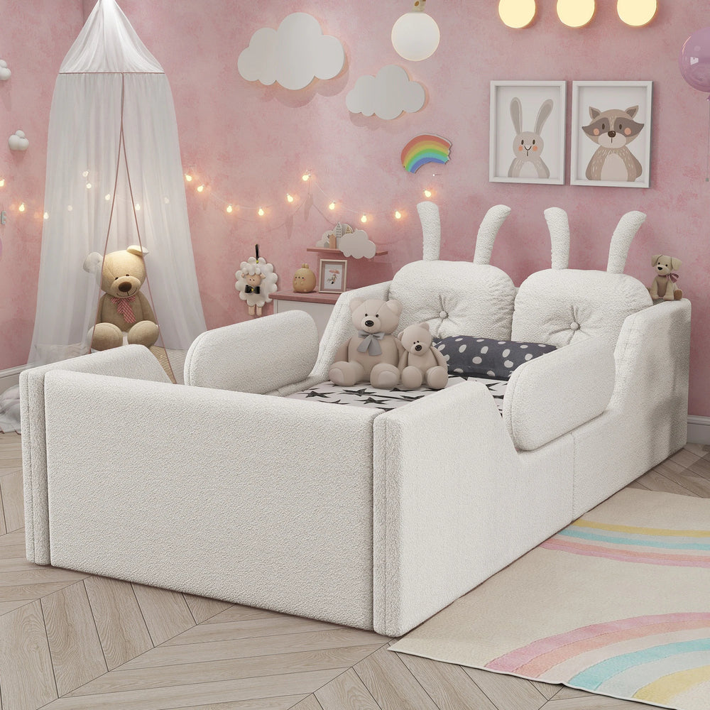 Twin Size Upholstered Platform Bed with Rabbit Cushion, Floor Upholstered Bed with Removable Side Rails