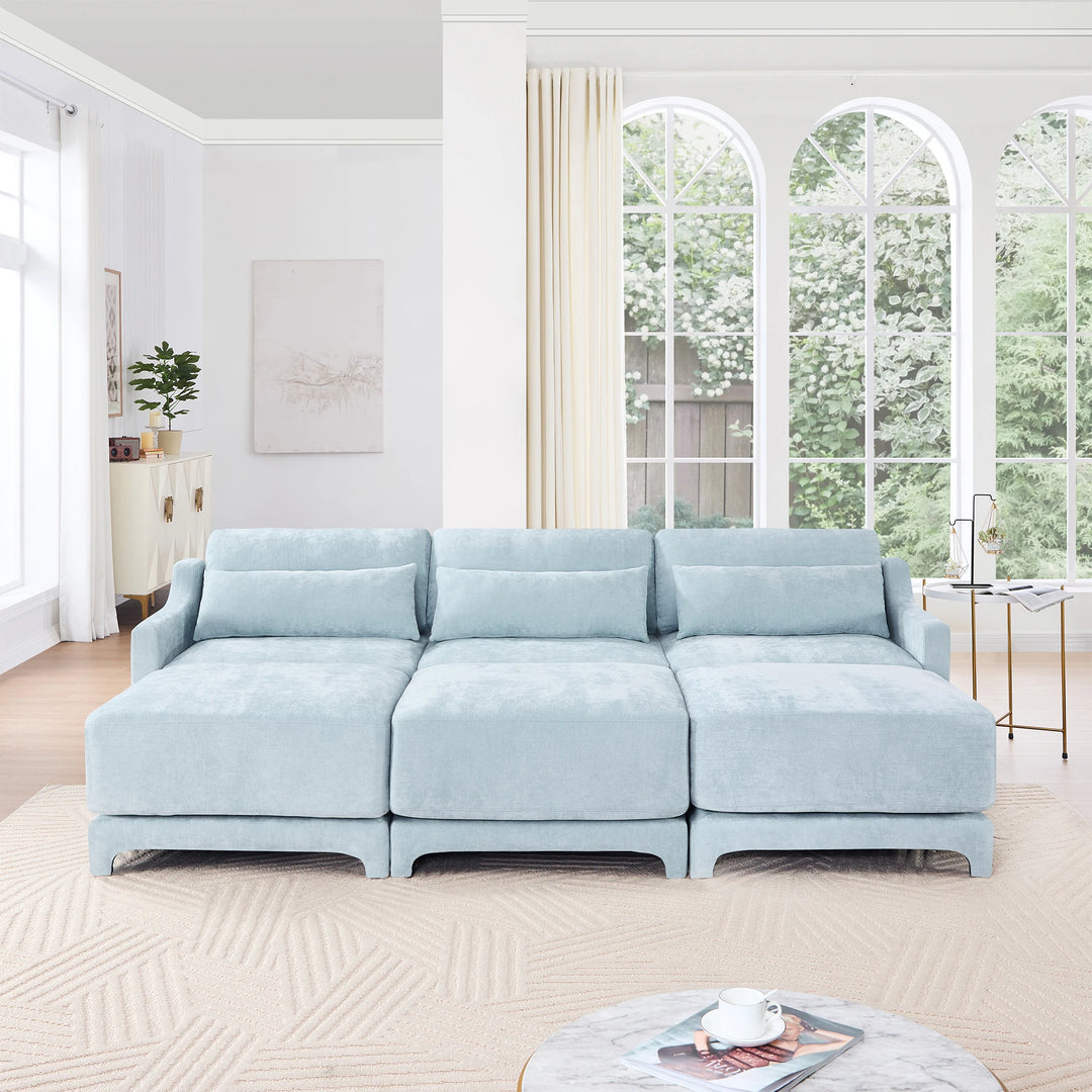 Modern Chenille 4-Seater Sofa with 2 Ottoman, Lumbar Cushions, Ergonomic Backrest, High-Resilience Spongeand Tufted Armrests