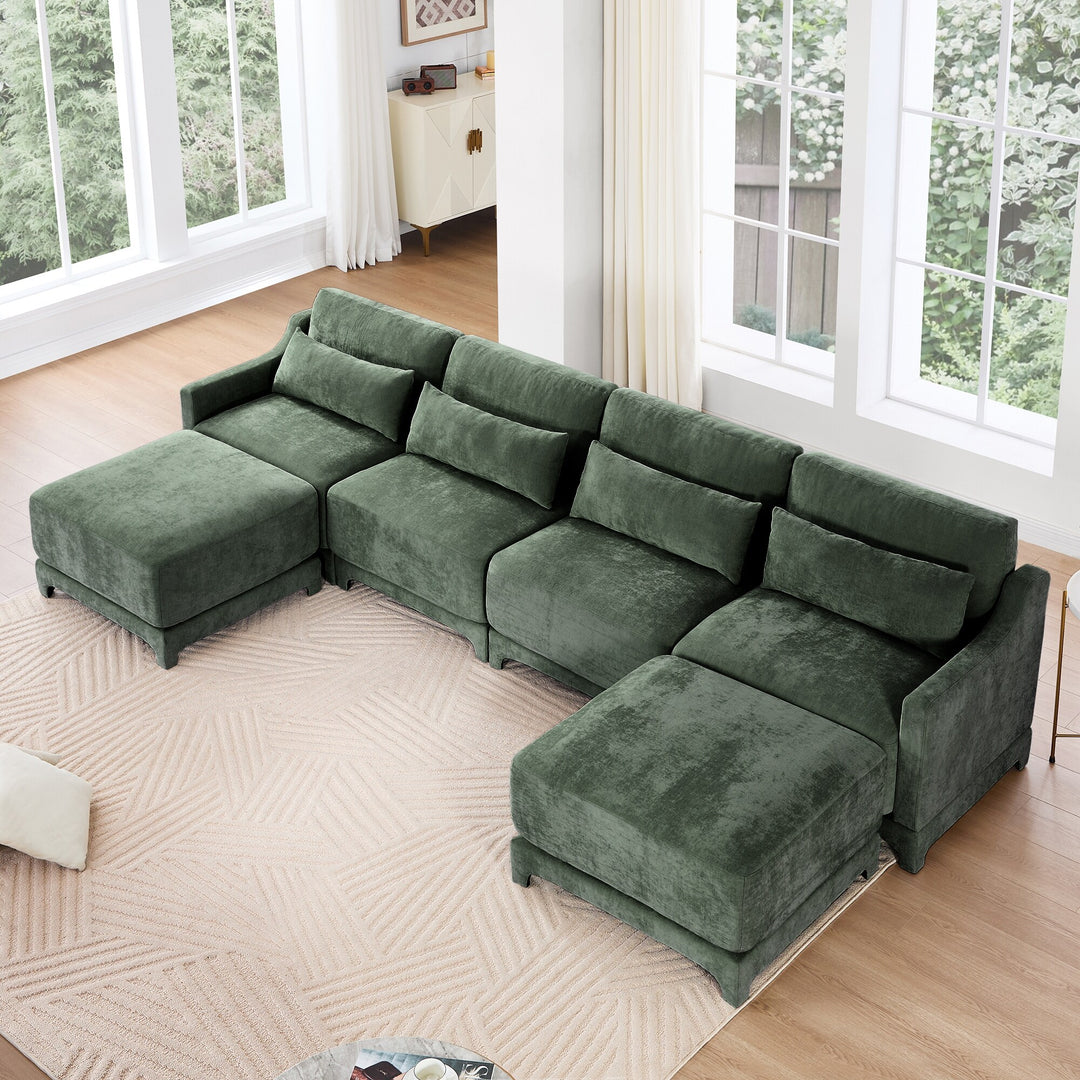 Modern Chenille 4-Seater Sofa with 2 Ottoman, Lumbar Cushions, Ergonomic Backrest, High-Resilience Spongeand Tufted Armrests