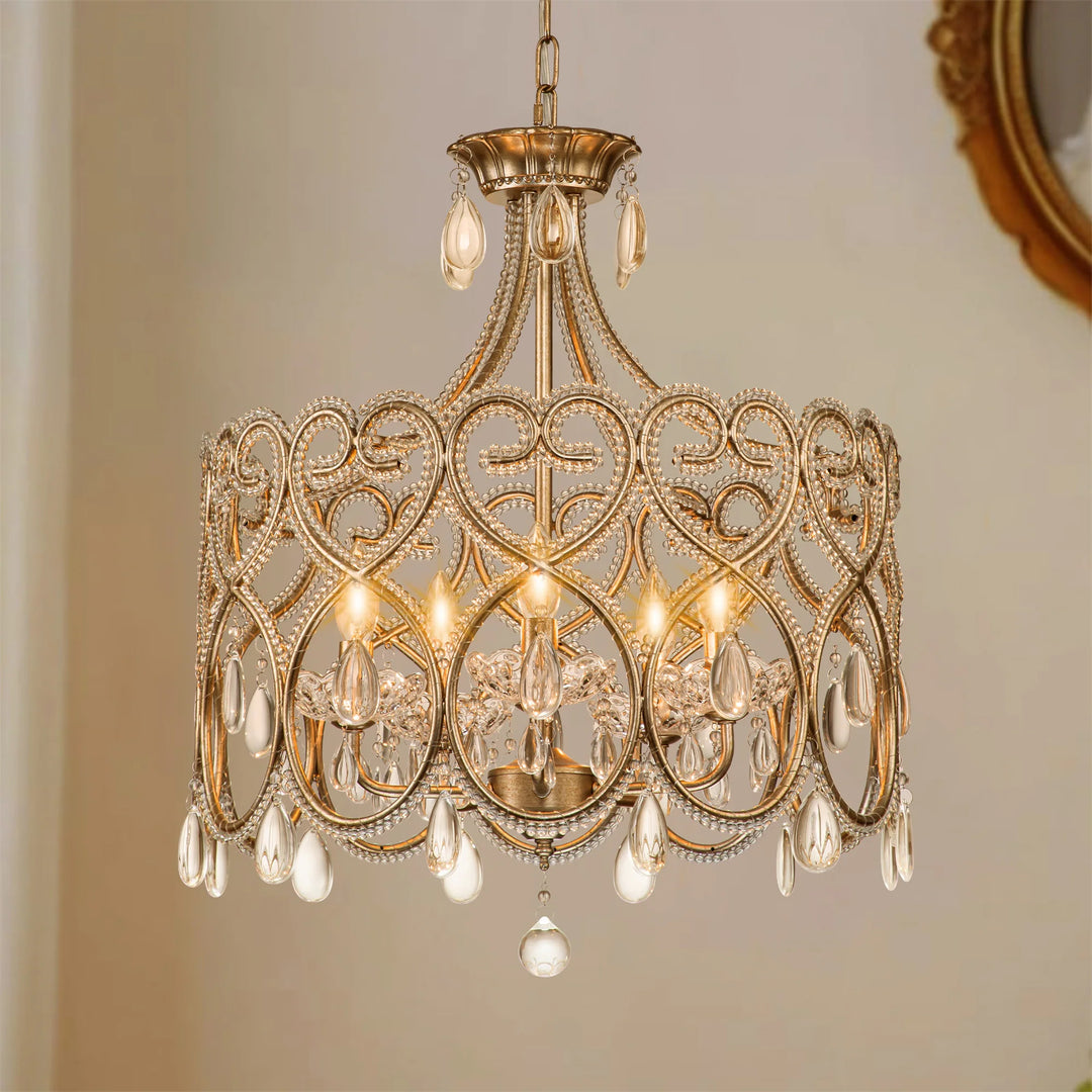 5-Light Mid-Century Glam Antique Distressed Gold, Cylinder, Drum Crystal Chandelier for Dining Room