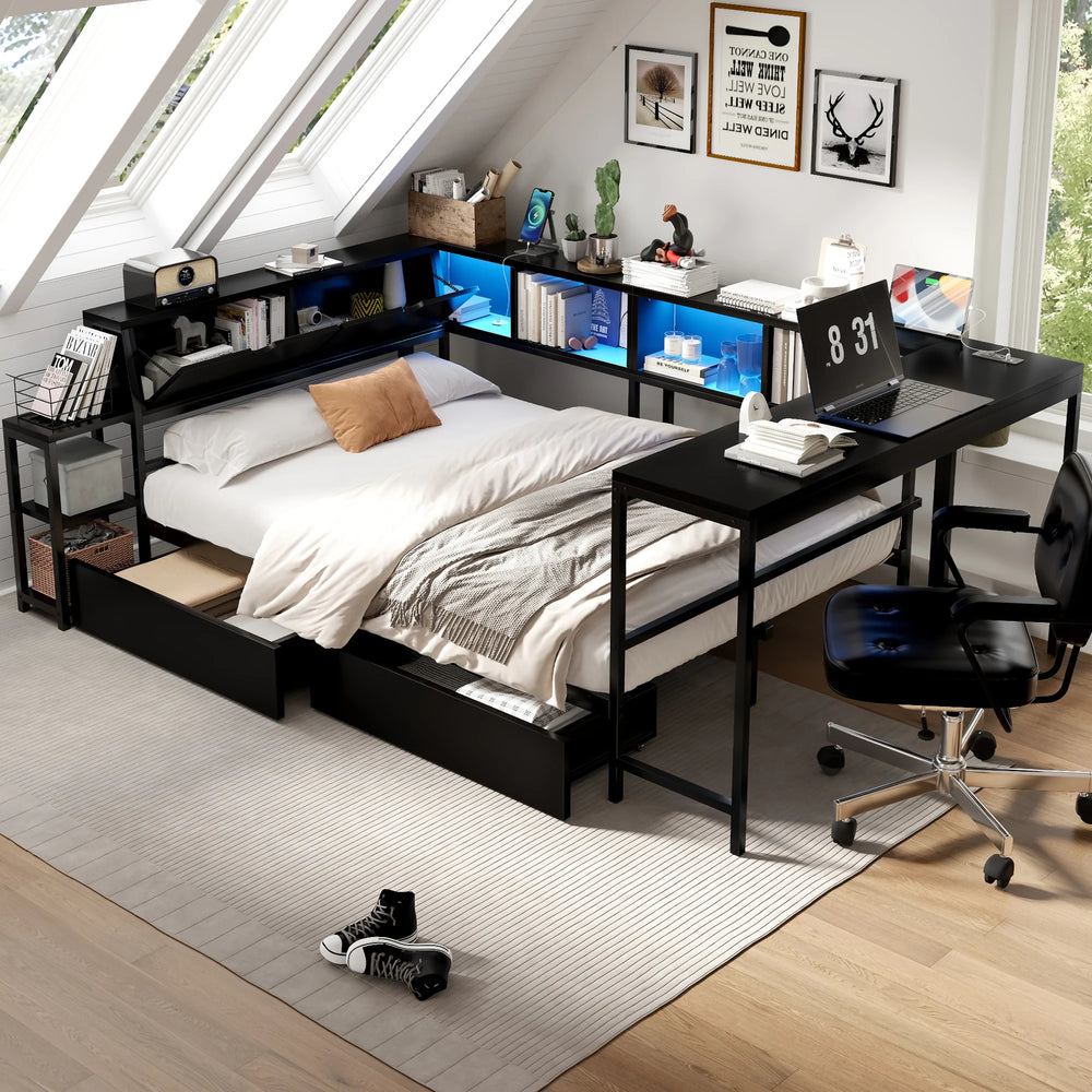 Corner Bed Frame Full Size with Bookcase Two Underbed Storage Drawers LED