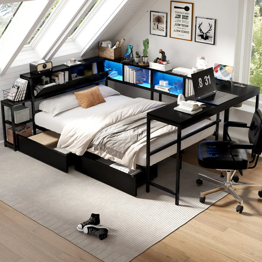 Corner Bed Frame Full Size with Bookcase Two Underbed Storage Drawers LED