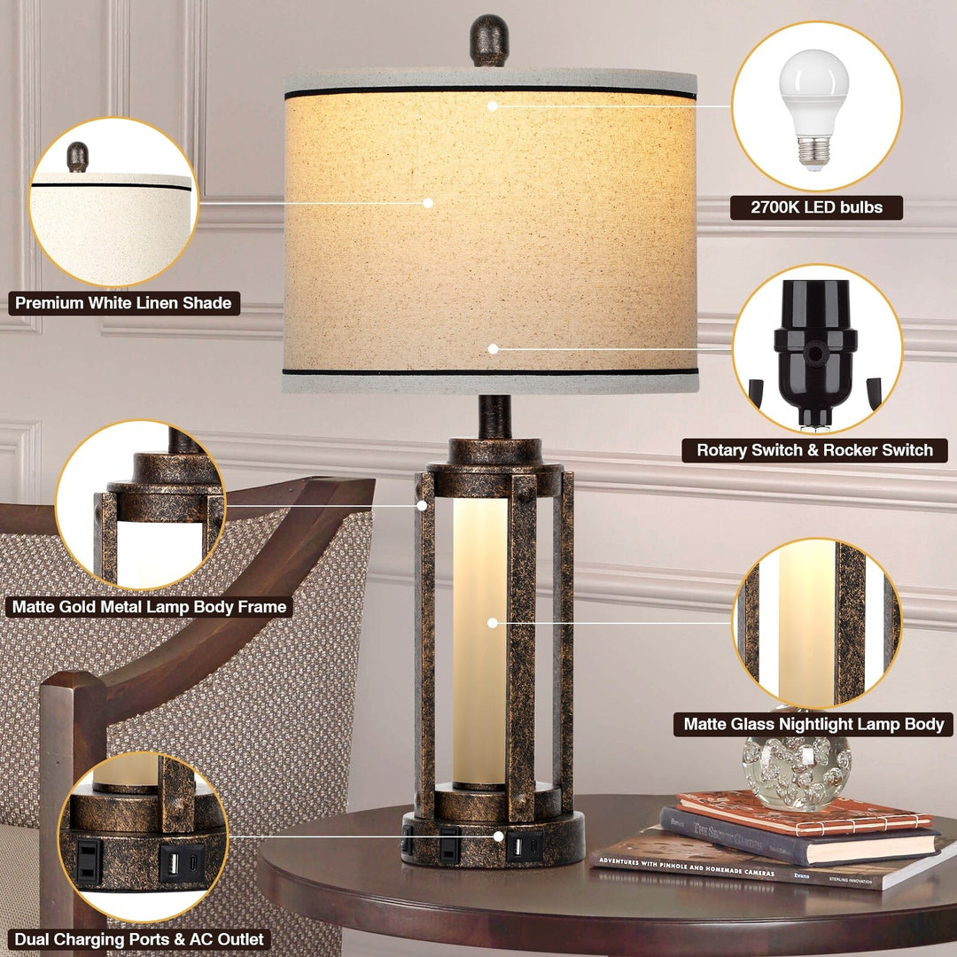 Set of 2 Roman Column Table Lamps with Nightlight and USB Port, Black and Gold