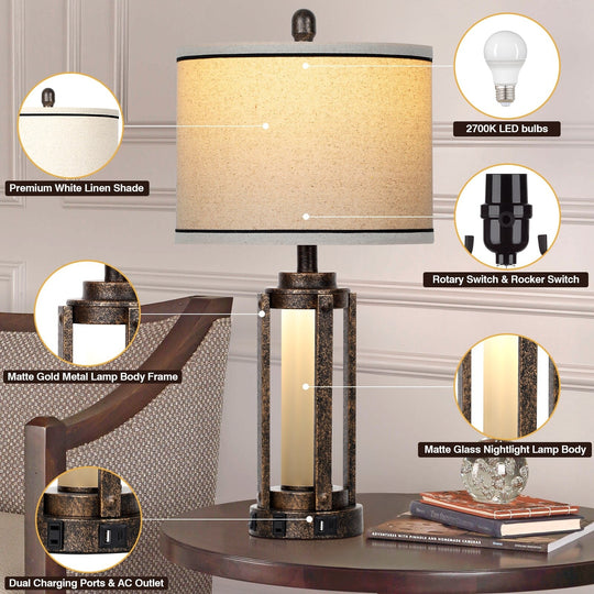 Set of 2 Roman Column Table Lamps with Nightlight and USB Port, Black and Gold