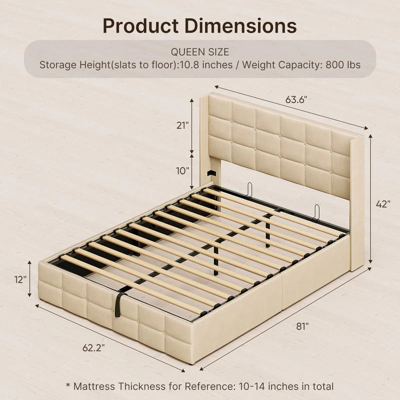 Lift up Storage Bed Frame, Upholstered Platform Bed Frame with Hydraulic Storage System and Headboard