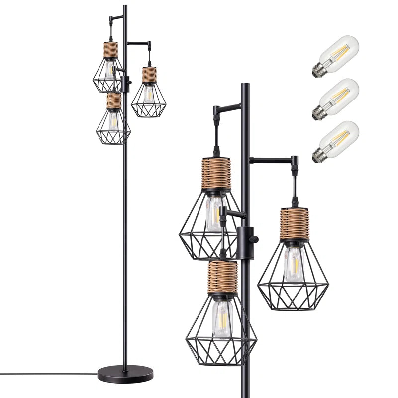 Crevan 65" Dimmable Rattan Tree Floor Lamp with 3 Bulbs Included